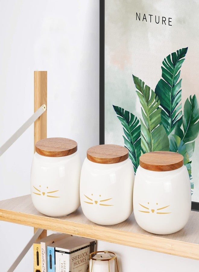 Koolkatkoo Ceramic Cat Canister Set Coffee Tea Sugar Food Storage with Bamboo Lid for the Kitchen Canister Round White Set of 3 - Image 5